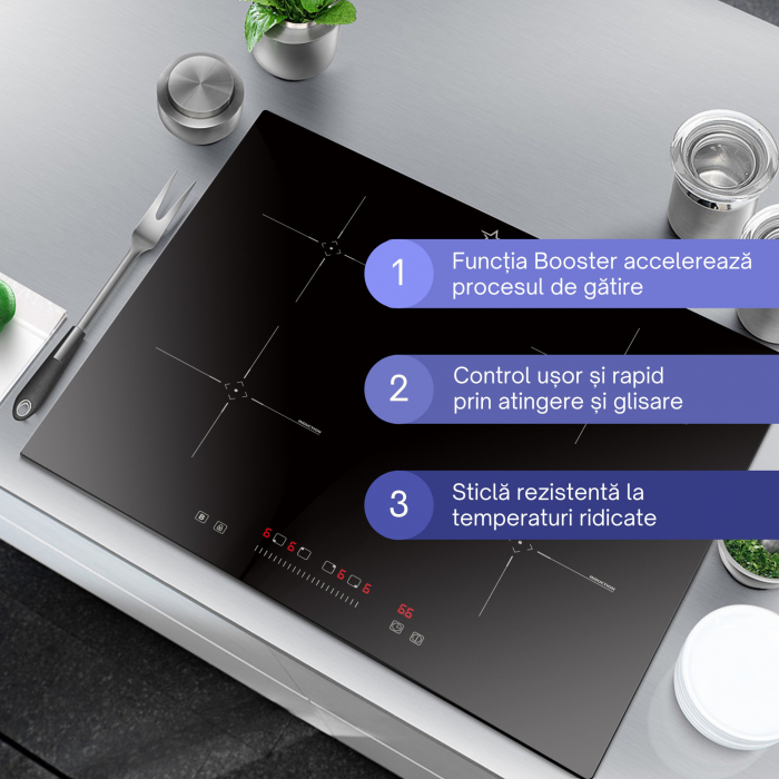 Plita incorporabila STARCREST SIH-6060, Inductie, 4 Zone de gatit, Touch Control, Booster, Timer, Sticla Neagra [3]