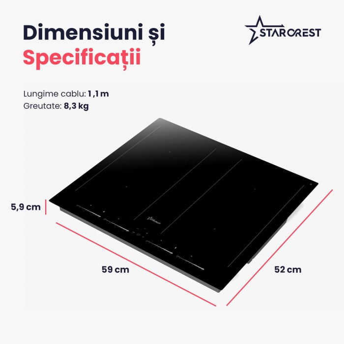 Plita incorporabila STARCREST SIH-60P4-BR, Inductie, 4 Zone de gatit, Slider Touch Control, Booster, Functie Bridge, Timer, Sticla Neagra [10]