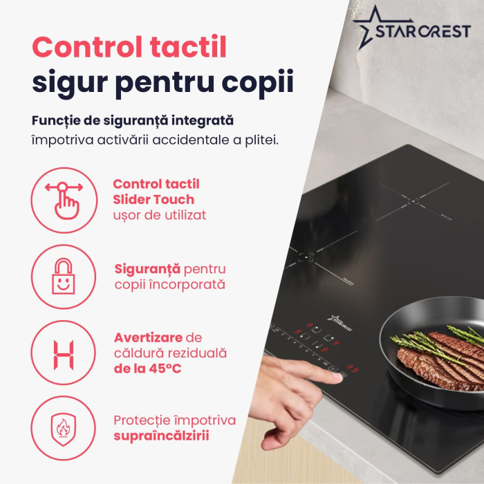 Plita incorporabila STARCREST SIH-6262, Inductie, 4 Zone de gatit, Slider Touch Control, Booster, Functie Keep Warm, Timer, Sticla Neagra Kanger [6]