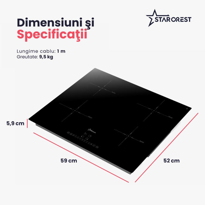 Plita incorporabila STARCREST SIH-6262, Inductie, 4 Zone de gatit, Slider Touch Control, Booster, Functie Keep Warm, Timer, Sticla Neagra Kanger [9]