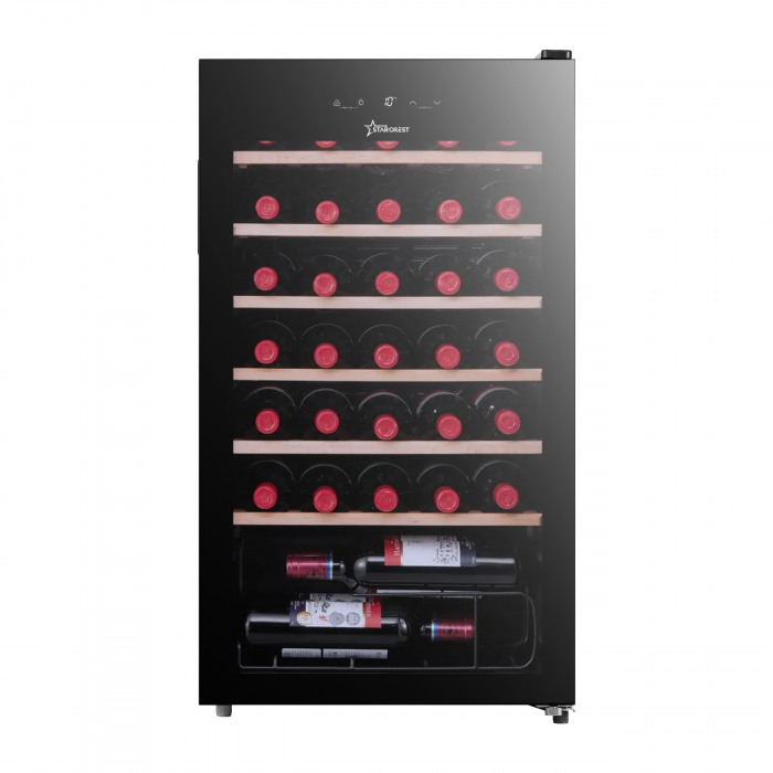 Racitor de vinuri STARCREST SWN-9301, 93 l, 34 sticle, Control temperatura digital, Rafturi lemn, Usa sticla, H 84.5 cm, Negru
