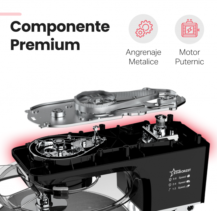 Robot de bucatarie profesional STARCREST SKM-2002BK, 2000 W, Bol 10 L Inox, 5 Accesorii, 6 Viteze + Pulse, Angrenaje metalice, Negru [5]