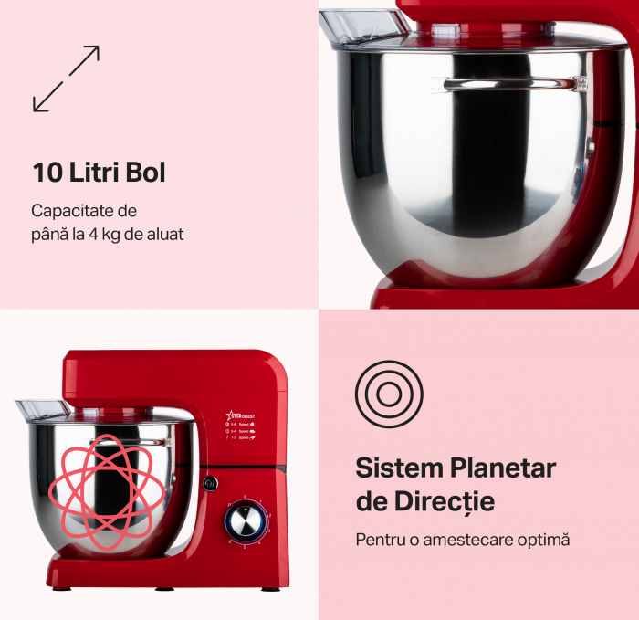 Robot de bucatarie STARCREST SKM-2002RD, 2000 W, Bol 10 L Inox, 5 Accesorii, 6 Viteze + Pulse, Angrenaje metalice, Rosu [2]