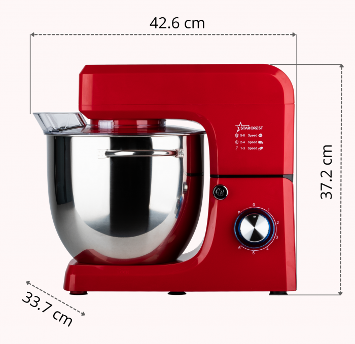 Robot de bucatarie STARCREST SKM-2002RD, 2000 W, Bol 10 L Inox, 5 Accesorii, 6 Viteze + Pulse, Angrenaje metalice, Rosu [8]