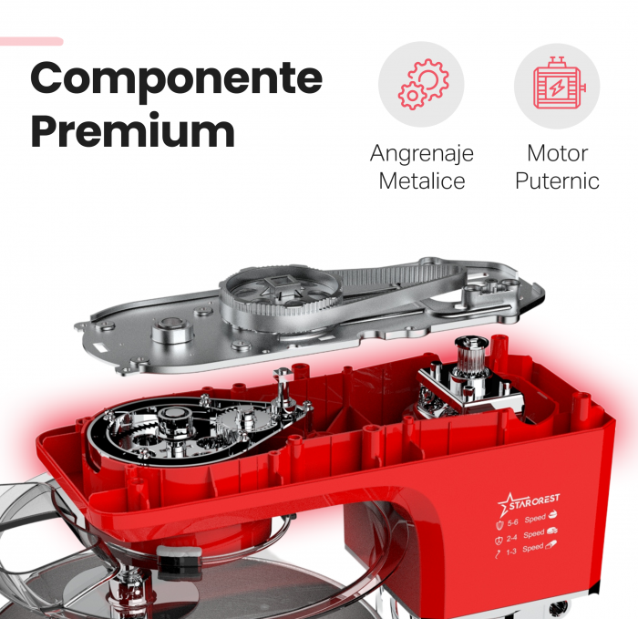 Robot de bucatarie STARCREST SKM-2002RD, 2000 W, Bol 10 L Inox, 5 Accesorii, 6 Viteze + Pulse, Angrenaje metalice, Rosu [5]
