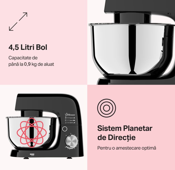 Robot de bucatarie STARCREST SKM-1015BK, 1500 W, Bol 4.5 L Inox, 5 Accesorii, 10 Viteze + Pulse, Negru [2]