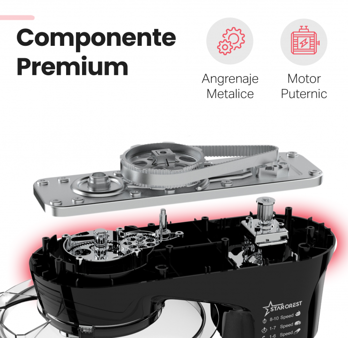 Robot de bucatarie STARCREST SKM-1300BK, 1300W, Bol 5.2 L Inox, 4 Accesorii, 10 Viteze + Pulse, Angrenaje metalice, Negru [5]
