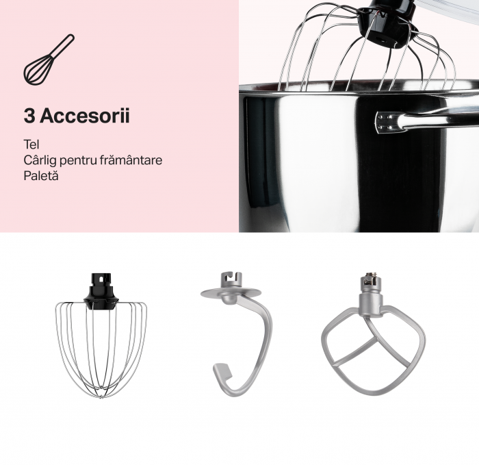 Robot de bucatarie STARCREST SKM-1300BK, 1300W, Bol 5.2 L Inox, 4 Accesorii, 10 Viteze + Pulse, Angrenaje metalice, Negru [3]