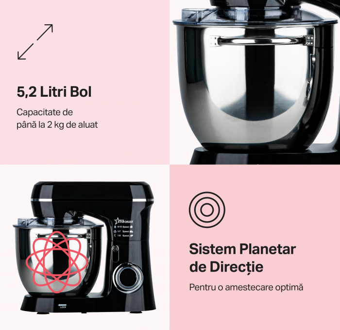Robot de bucatarie STARCREST SKM-1300BK, 1300W, Bol 5.2 L Inox, 4 Accesorii, 10 Viteze + Pulse, Angrenaje metalice, Negru [2]