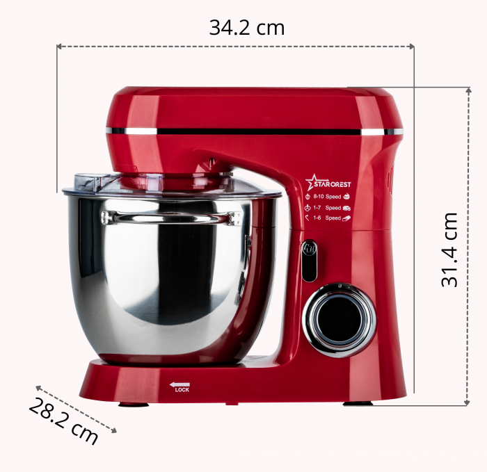 Robot de bucatarie STARCREST SKM-1300RD, 1300W, Bol 5.2 L Inox, 4 Accesorii, 10 Viteze + Pulse, Angrenaje metalice, Rosu [8]