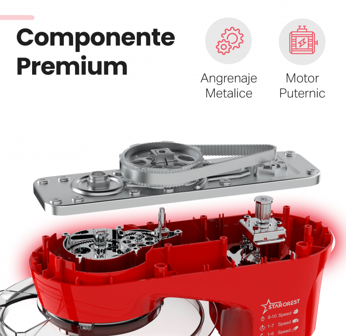 Robot de bucatarie STARCREST SKM-1300RD, 1300W, Bol 5.2 L Inox, 4 Accesorii, 10 Viteze + Pulse, Angrenaje metalice, Rosu [5]