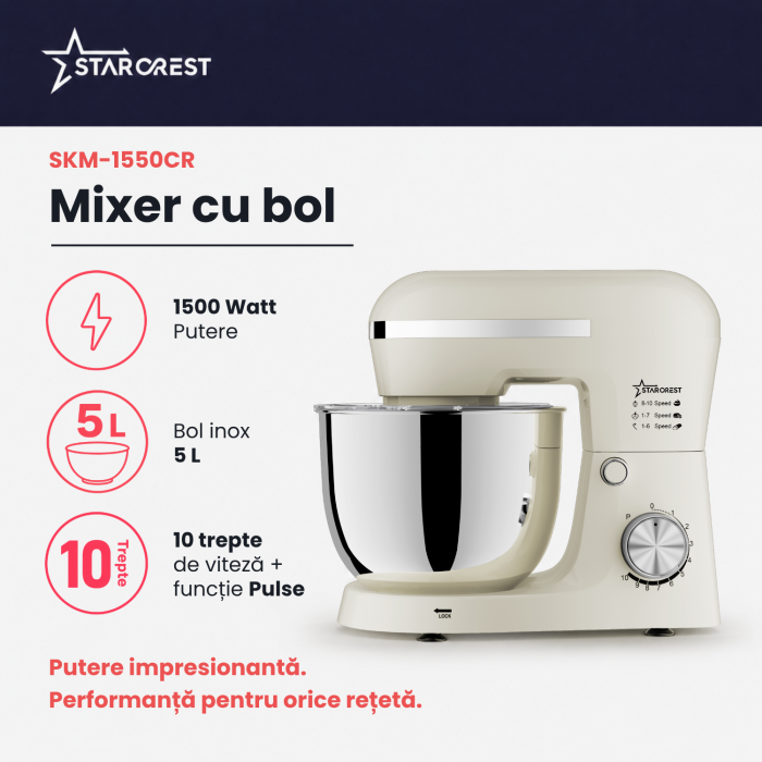 Robot de bucatarie STARCREST SKM-1550CR, 1500 W, Bol 5 L Inox, 4 Accesorii, 10 Viteze + Pulse, Crem [2]