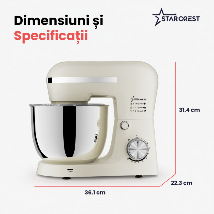 Robot de bucatarie STARCREST SKM-1550CR, 1500 W, Bol 5 L Inox, 4 Accesorii, 10 Viteze + Pulse, Crem [7]