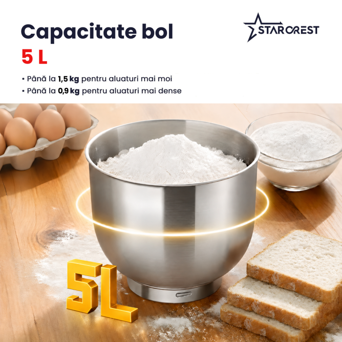 Robot de bucatarie STARCREST SKM-1550CR, 1500 W, Bol 5 L Inox, 4 Accesorii, 10 Viteze + Pulse, Crem [4]