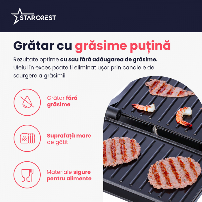 Sandwich-maker Grill Panini STARCREST SGR-2314, 1000 W, Placi nonaderente, Deschidere 180°, Suprafata de gatire 23 x 14 cm, Negru [4]