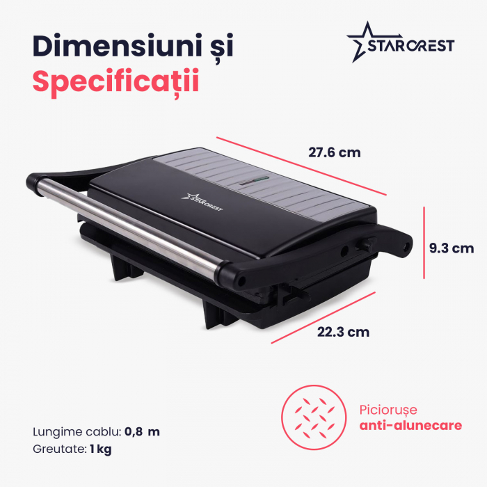 Sandwich-maker Grill Panini STARCREST SGR-2314, 1000 W, Placi nonaderente, Deschidere 180°, Suprafata de gatire 23 x 14 cm, Negru [8]