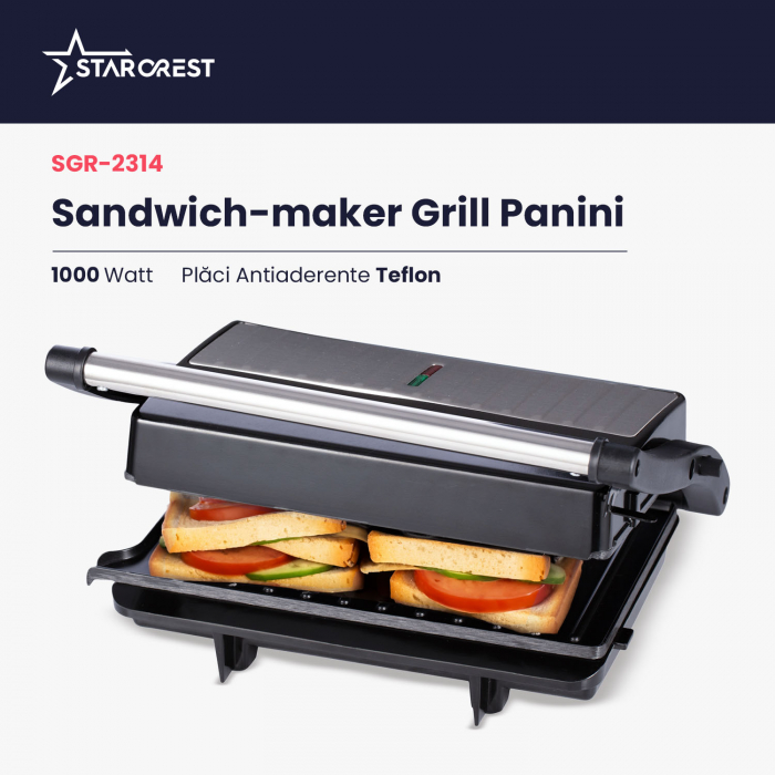 Sandwich-maker Grill Panini STARCREST SGR-2314, 1000 W, Placi nonaderente, Deschidere 180°, Suprafata de gatire 23 x 14 cm, Negru [2]