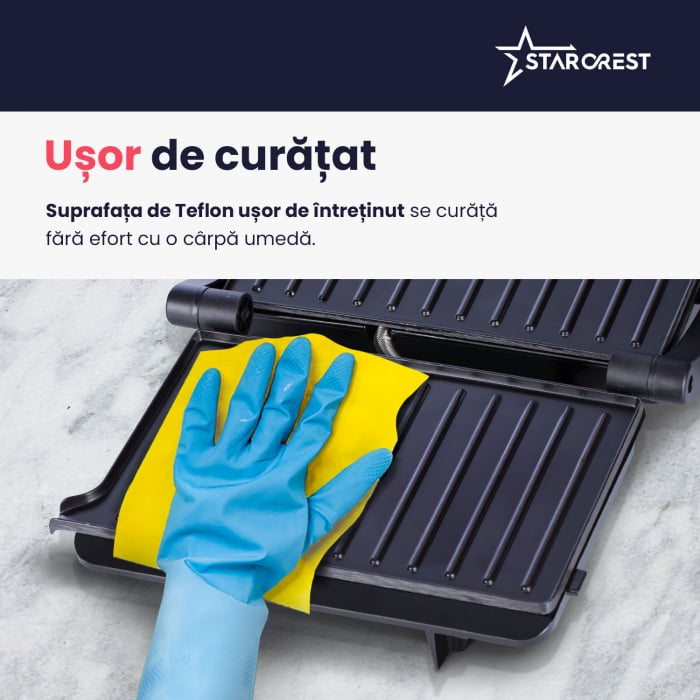 Sandwich-maker Grill Panini STARCREST SGR-2314, 1000 W, Placi nonaderente, Deschidere 180°, Suprafata de gatire 23 x 14 cm, Negru [6]