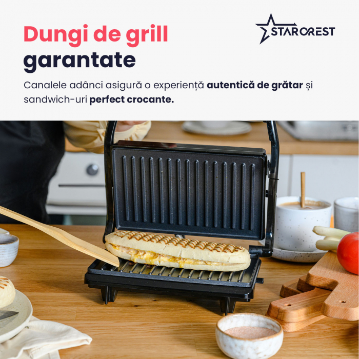 Sandwich-maker Grill Panini STARCREST SGR-2314, 1000 W, Placi nonaderente, Deschidere 180°, Suprafata de gatire 23 x 14 cm, Negru [5]