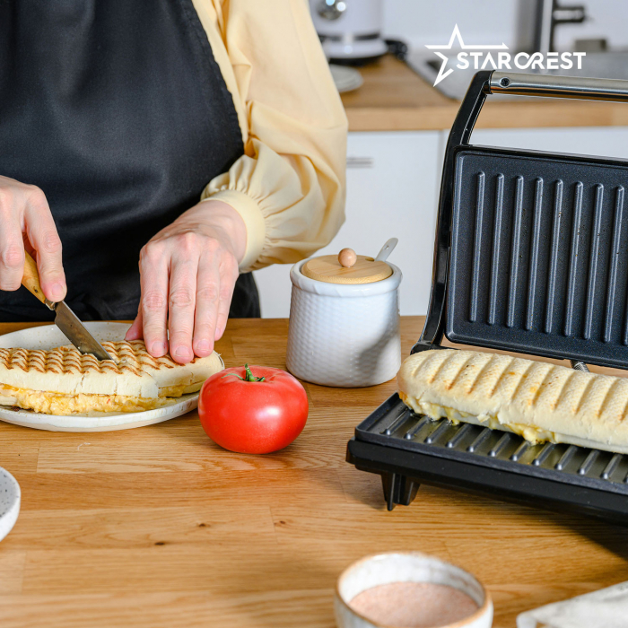 Sandwich-maker Grill Panini STARCREST SGR-2314, 1000 W, Placi nonaderente, Deschidere 180°, Suprafata de gatire 23 x 14 cm, Negru [9]