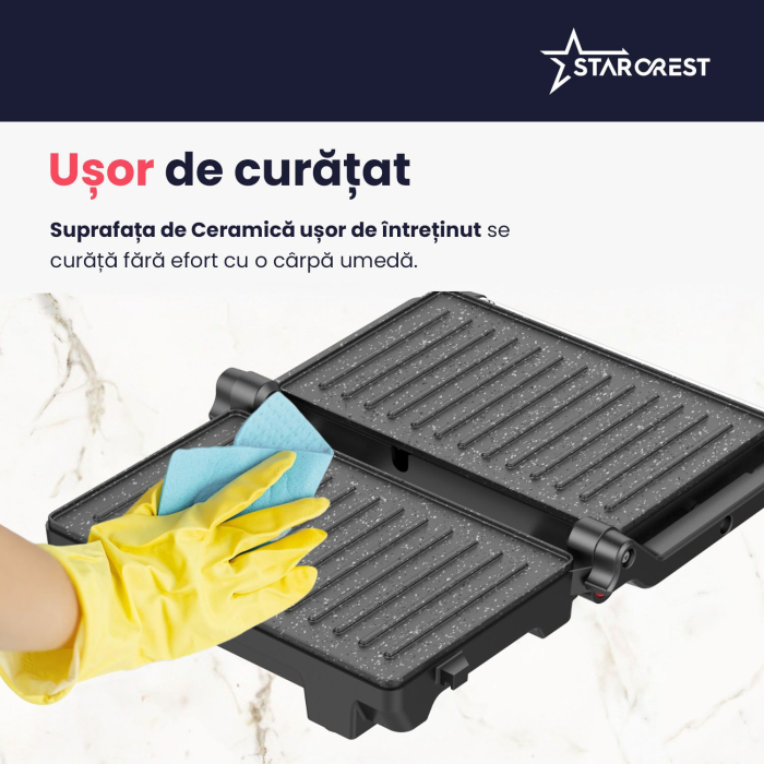 Sandwich-maker Grill Panini STARCREST SGR-2510, 1000 W, Placi Grill Ceramice, Deschidere 180°, Suprafata de gatire 23 x 14.5 cm, Negru/Inox [6]