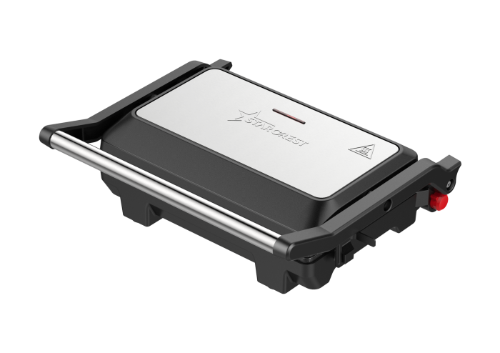 Sandwich-maker Grill Panini STARCREST SGR-2510, 1000 W, Placi Grill Ceramice, Deschidere 180  , Suprafata de gatire 23 x 14.5 cm, Negru Inox