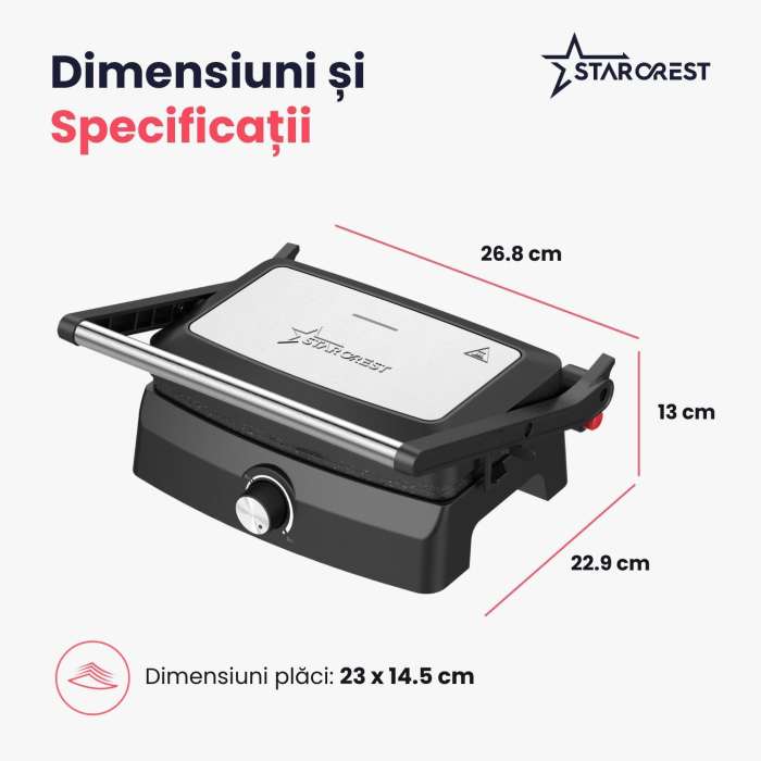 Sandwich-maker Grill Panini STARCREST SGR-2520BX, 1000 W, Placi cu invelis ceramic, Temperatura ajustabila, Deschidere la 180°, Suprafata de gatire 23 x 14.5 cm, Spatula curatare, Negru/Inox [9]