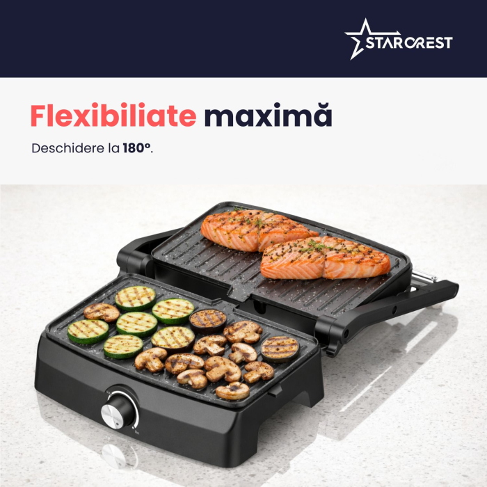 Sandwich-maker Grill Panini STARCREST SGR-2520BX, 1000 W, Placi cu invelis ceramic, Temperatura ajustabila, Deschidere la 180°, Suprafata de gatire 23 x 14.5 cm, Spatula curatare, Negru/Inox [5]