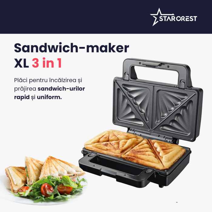 Sandwich maker XL STARCREST SSM-3131BX, 1000 W, 3 placi detasabile antiadezive: sandwich, waffle si grill, Dark Inox [5]