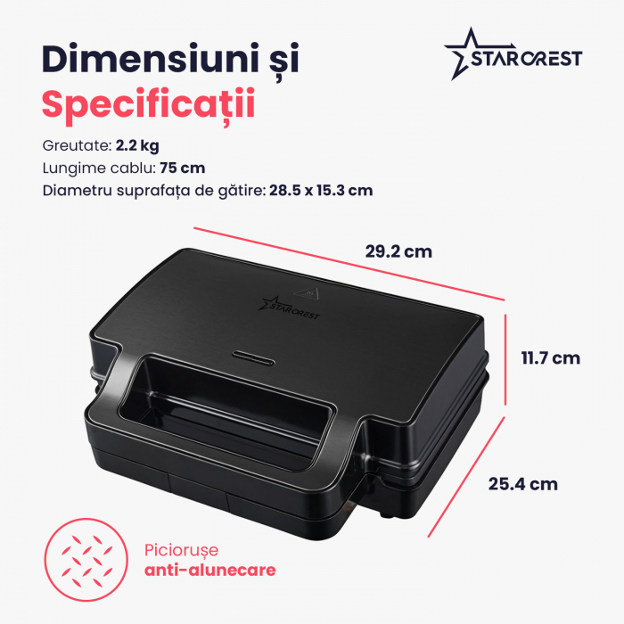 Sandwich maker XL STARCREST SSM-3131BX, 1000 W, 3 placi detasabile antiadezive: sandwich, waffle si grill, Dark Inox [7]