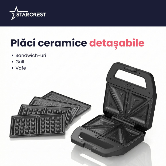 Sandwich maker STARCREST SSM-3180BX, 800 W, 3 tipuri de placi detasabile cu invelis ceramic: grill / sandwich triunghi / vafe, Dimensiune placi 21.6 x 12 cm, Negru/Inox [3]