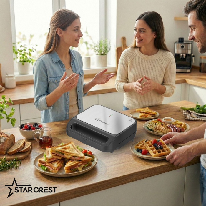 Sandwich maker XL 3 in 1 STARCREST SSM-3110XL, 1000 W, 3 tipuri de placi detasabile cu invelis ceramic: grill / sandwich triunghi / vafe, Dimensiune placi 23 x 13 cm, Negru/Inox [8]