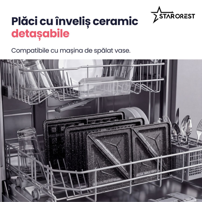 Sandwich maker XL 3 in 1 STARCREST SSM-3110XL, 1000 W, 3 tipuri de placi detasabile cu invelis ceramic: grill / sandwich triunghi / vafe, Dimensiune placi 23 x 13 cm, Negru/Inox [7]