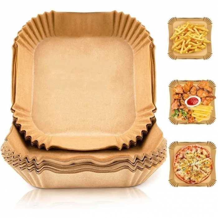 Set hârtie de copt pentru friteuza cu aer cald, 50 bucăți,  Unica folosință, 20 cm, Maro - STARCREST [3]