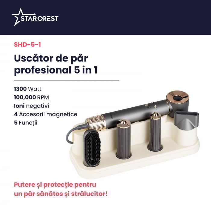 Uscator de par profesional STARCREST SHD-5-1, 1300 W, 4 Accesorii incluse, 3 Trepte de viteza, 3 Trepte de temperatura, Buton de aer rece, Gri [2]