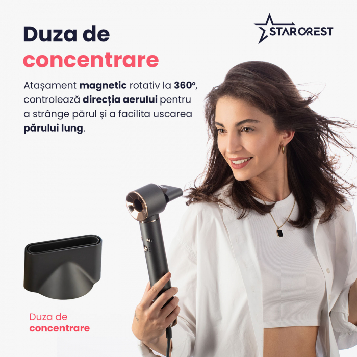Uscator de par profesional STARCREST SHD-5-1, 1300 W, 4 Accesorii incluse, 3 Trepte de viteza, 3 Trepte de temperatura, Buton de aer rece, Gri [4]