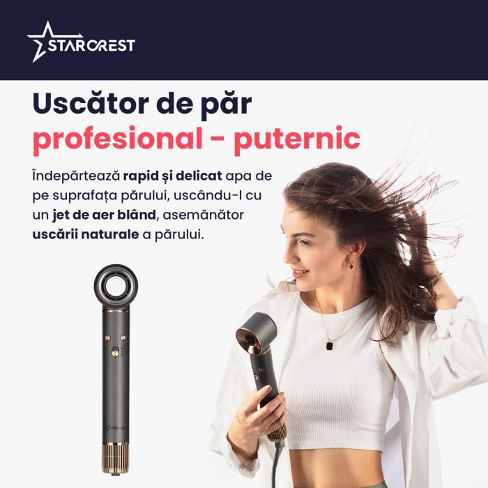Uscator de par profesional STARCREST SHD-5-1, 1300 W, 4 Accesorii incluse, 3 Trepte de viteza, 3 Trepte de temperatura, Buton de aer rece, Gri [3]