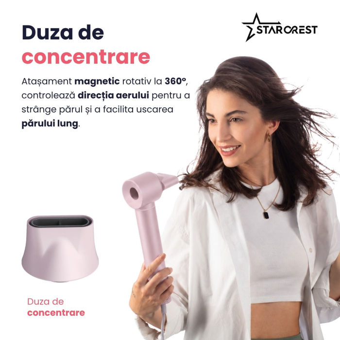 Uscator de par profesional STARCREST SHD-6-1PK, 1300 W, 6 Accesorii incluse, 3 Trepte de viteza, 3 Trepte de temperatura, Buton de aer rece, Roz [4]