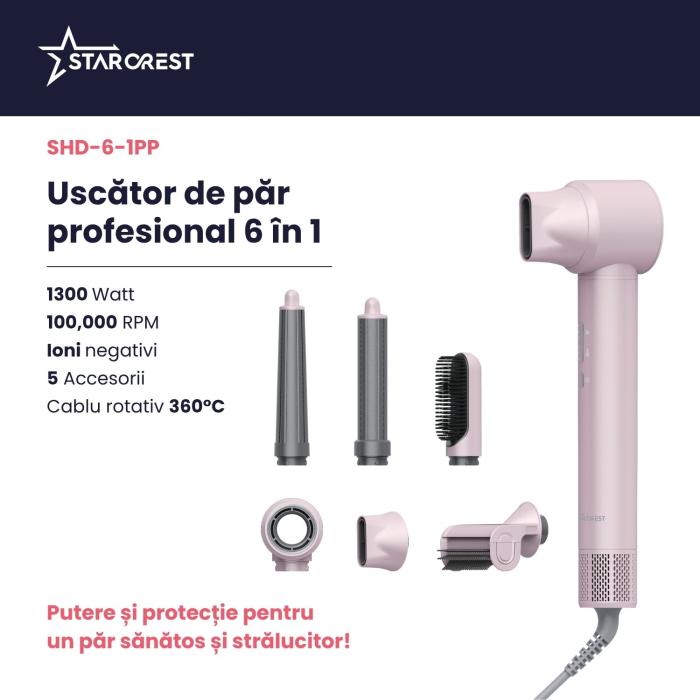 Uscator de par profesional STARCREST SHD-6-1PK, 1300 W, 6 Accesorii incluse, 3 Trepte de viteza, 3 Trepte de temperatura, Buton de aer rece, Roz [2]