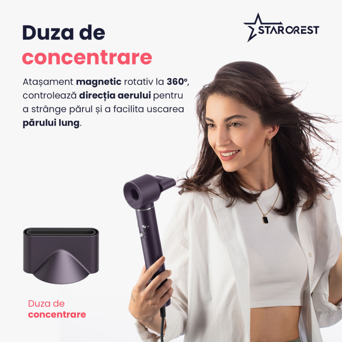 Uscator de par profesional STARCREST SHD-7-1PP, 1300 W, 6 Accesorii incluse, 3 Trepte de viteza, 3 Trepte de temperatura, Buton de aer rece, Mov [4]