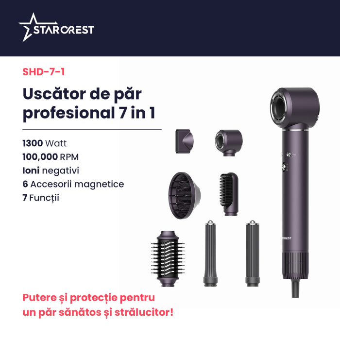 Uscator de par profesional STARCREST SHD-7-1PP, 1300 W, 6 Accesorii incluse, 3 Trepte de viteza, 3 Trepte de temperatura, Buton de aer rece, Mov [2]