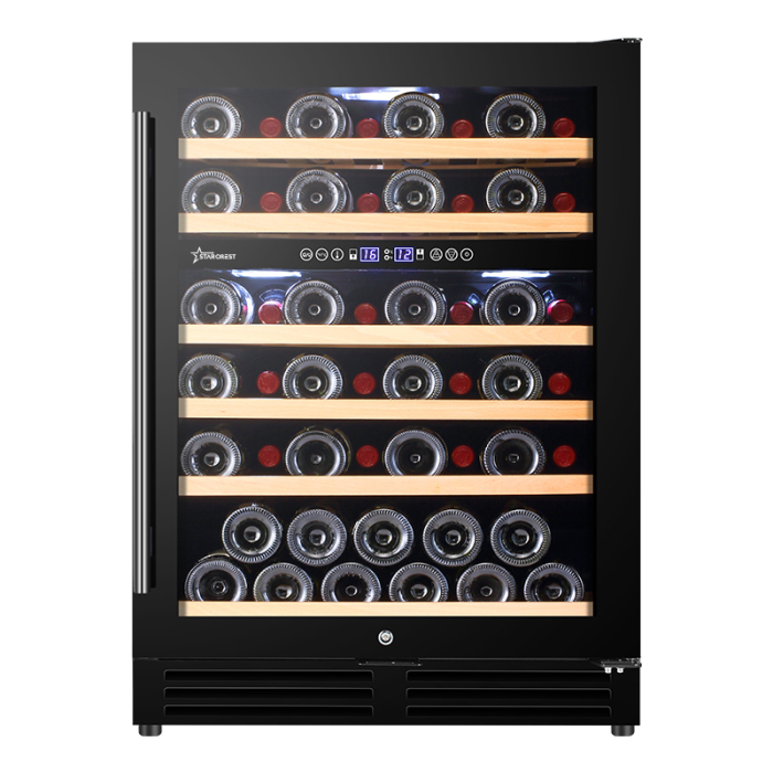 Vitrina de vinuri incorporabila STARCREST SWN-13851DZ , 138L, 51 sticle, Rafturi lemn de fag, 2 zone de racire, Control electronic, Display, Iluminat interior LED, H 82 cm, Negru