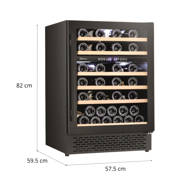 Vitrina de vinuri incorporabila STARCREST SWN-13851DZ , Capacitate 51 sticle, Clasa F, Rafturi din lemn de fag, Control electronic, Display, 2 zone de racire, Iluminat interior LED, H 82 cm, Negru [7]