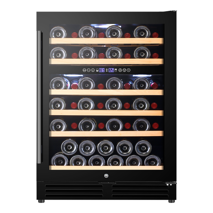 Vitrina de vinuri incorporabila STARCREST SWN-13851DZ , Capacitate 51 sticle, Clasa F, Rafturi din lemn de fag, Control electronic, Display, 2 zone de racire, Iluminat interior LED, H 82 cm, Negru