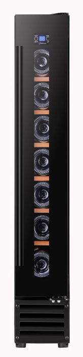 Vitrina de vinuri incorporabila STARCREST SWN-1807, 18L, 7 sticle, Rafturi lemn de fag, Control electronic, Display, Iluminat interior LED, H 86.6 cm, Negru