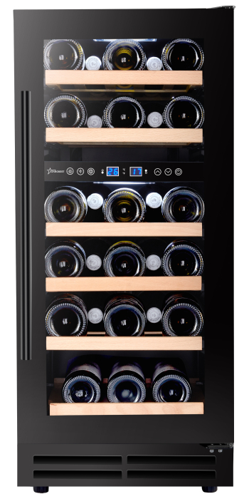 Vitrina de vinuri incorporabila STARCREST SWN-8028DZ, 80L, Capacitate 28 sticle, Clasa F, Rafturi din lemn de fag, Control electronic, Display, 2 zone de racire, Iluminat interior LED, H 85.5 cm, L 38