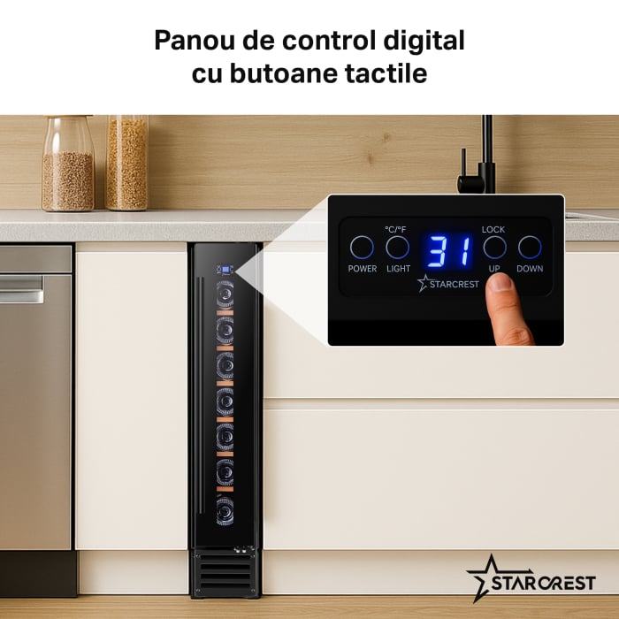 Vitrina de vinuri STARCREST SWN-1807, Capacitate 7 sticle, Clasa F, Rafturi lemn, Control electronic, Display, Iluminat interior LED, H 86.6 cm, Negru [4]