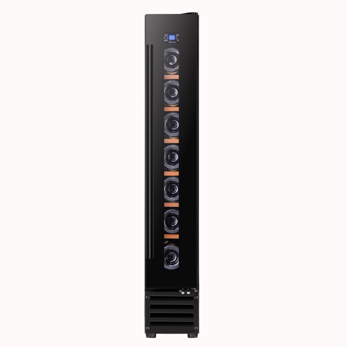 Vitrina de vinuri STARCREST SWN-1807, Capacitate 7 sticle, Clasa F, Rafturi lemn, Control electronic, Display, Iluminat interior LED, H 86.6 cm, Negru