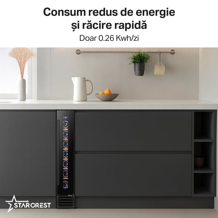 Vitrina de vinuri STARCREST SWN-1807, Capacitate 7 sticle, Clasa F, Rafturi lemn, Control electronic, Display, Iluminat interior LED, H 86.6 cm, Negru [3]