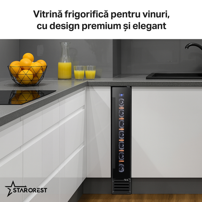 Vitrina de vinuri STARCREST SWN-1807, Capacitate 7 sticle, Clasa F, Rafturi lemn, Control electronic, Display, Iluminat interior LED, H 86.6 cm, Negru [5]